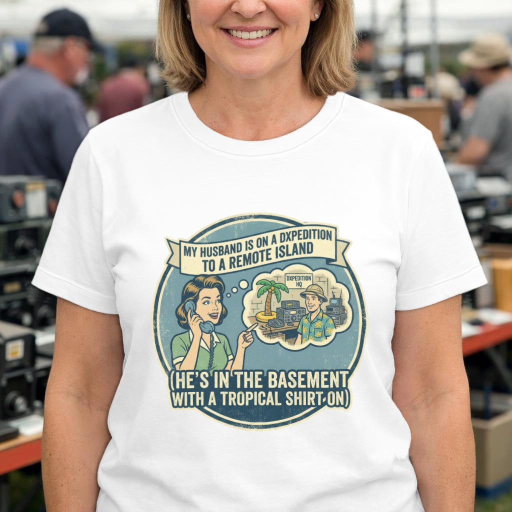 Funny Husband T‑Shirt – “He’s in the Basement with a Tropical Shirt On” Humor Tee