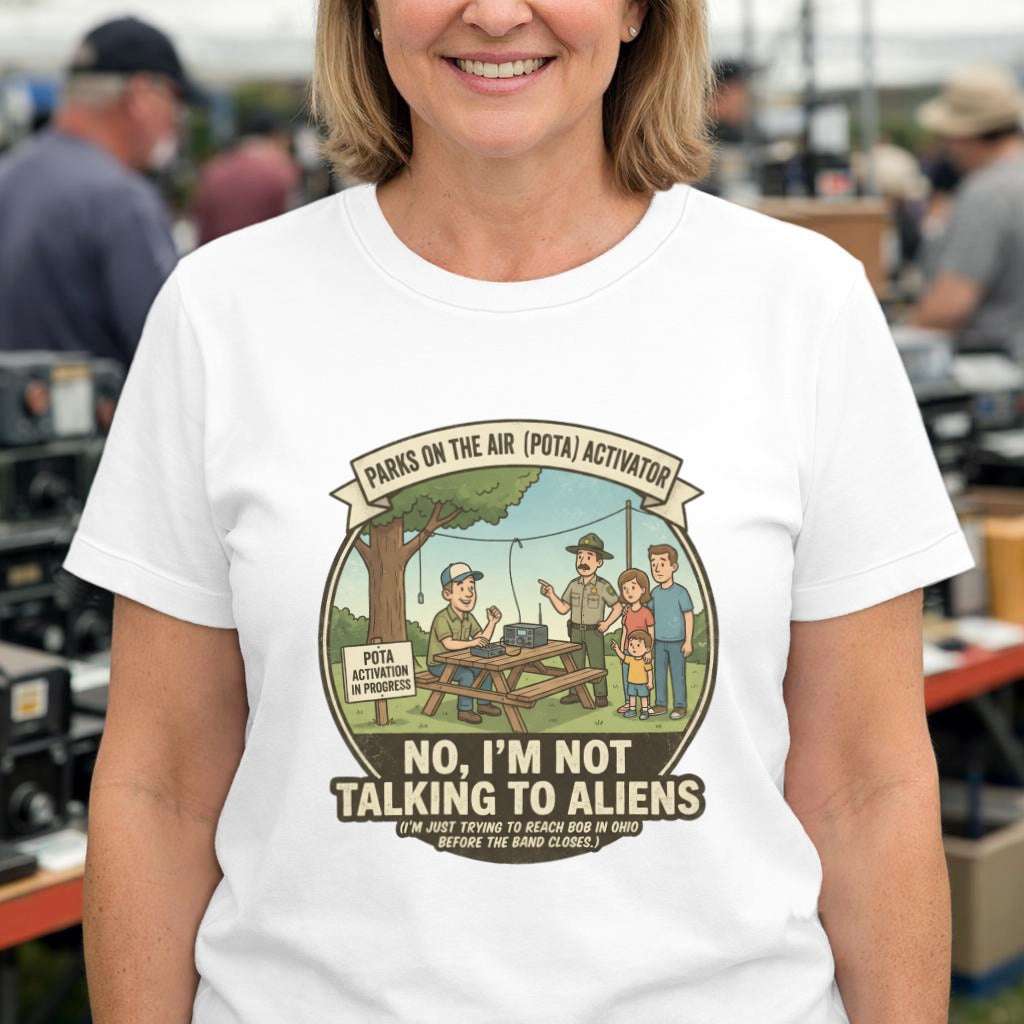 T-Shirt — "No, I'm Not Talking to Aliens" Vintage Camping Radio Design