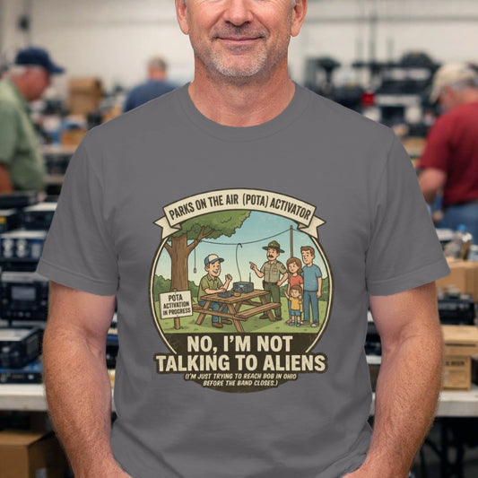 T-Shirt — "No, I'm Not Talking to Aliens" Vintage Camping Radio Design