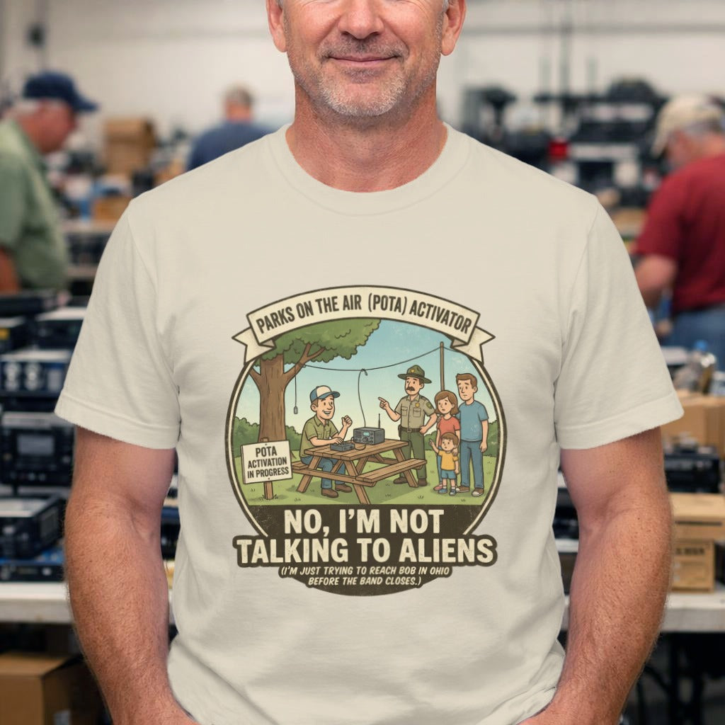 T-Shirt — "No, I'm Not Talking to Aliens" Vintage Camping Radio Design