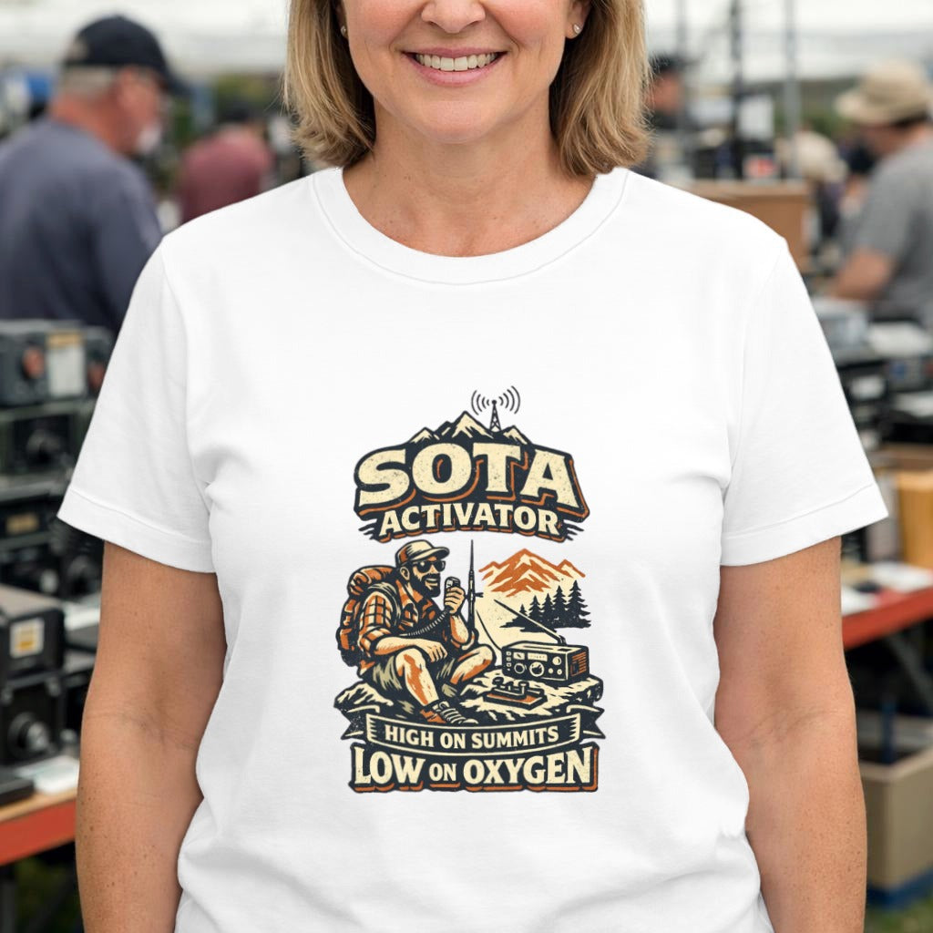 SOTA Activator Hiking T-Shirt — "High on Summits, Low on Oxygen" Outdoor Tee