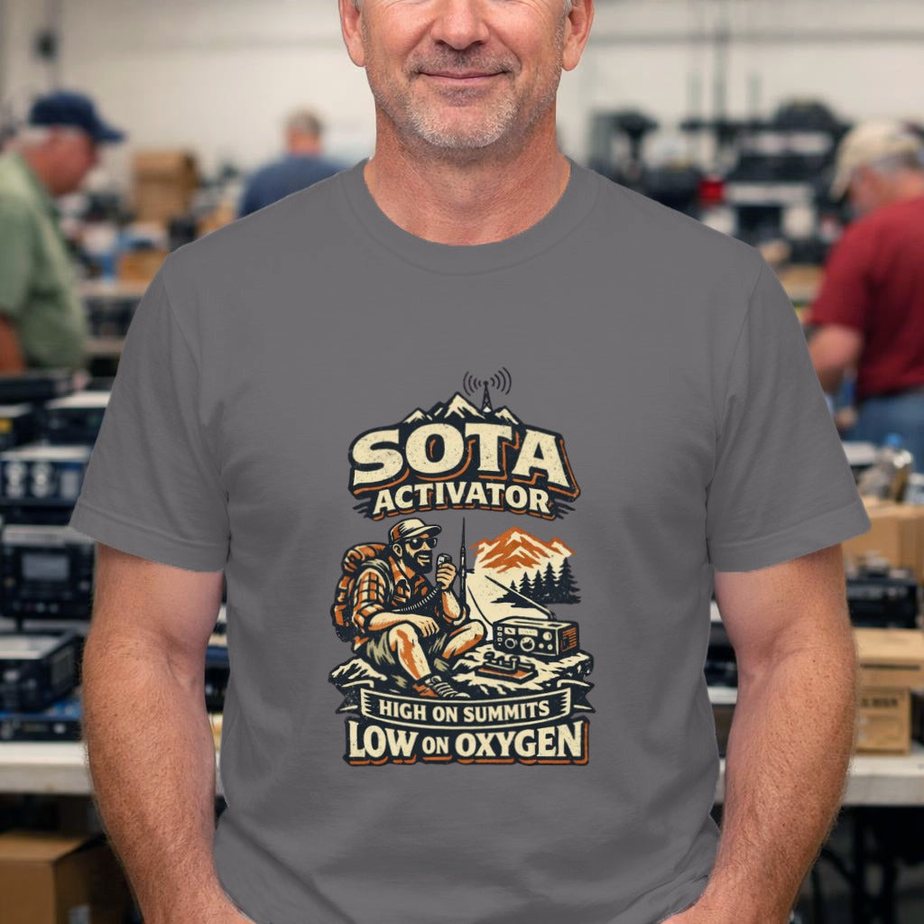 SOTA Activator Hiking T-Shirt — "High on Summits, Low on Oxygen" Outdoor Tee