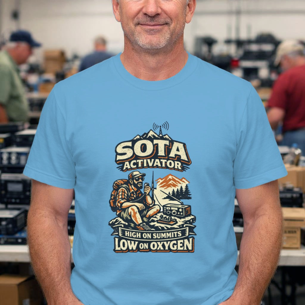 SOTA Activator Hiking T-Shirt — "High on Summits, Low on Oxygen" Outdoor Tee