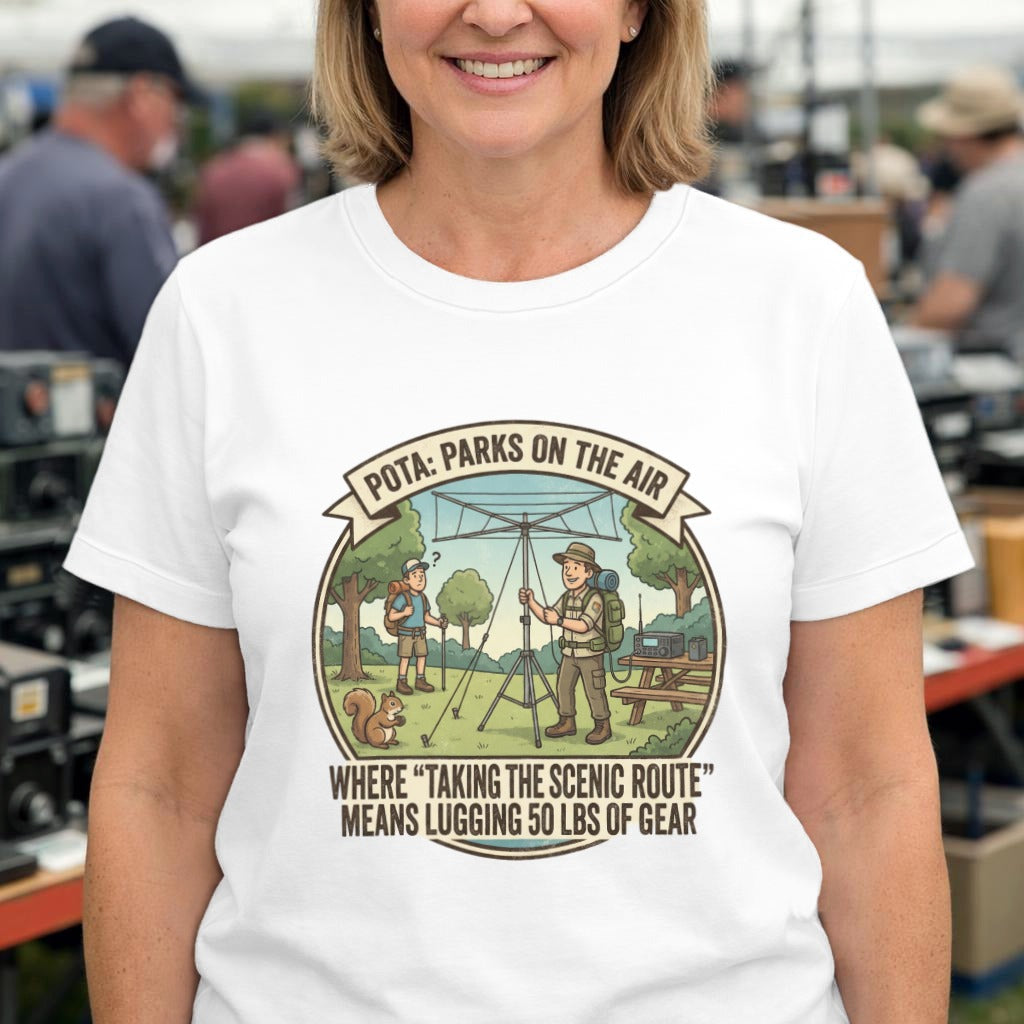POTA Parks On The Air T-Shirt — “Taking The Scenic Route Means Lugging 50 lbs of Gear” Outdoor Tee