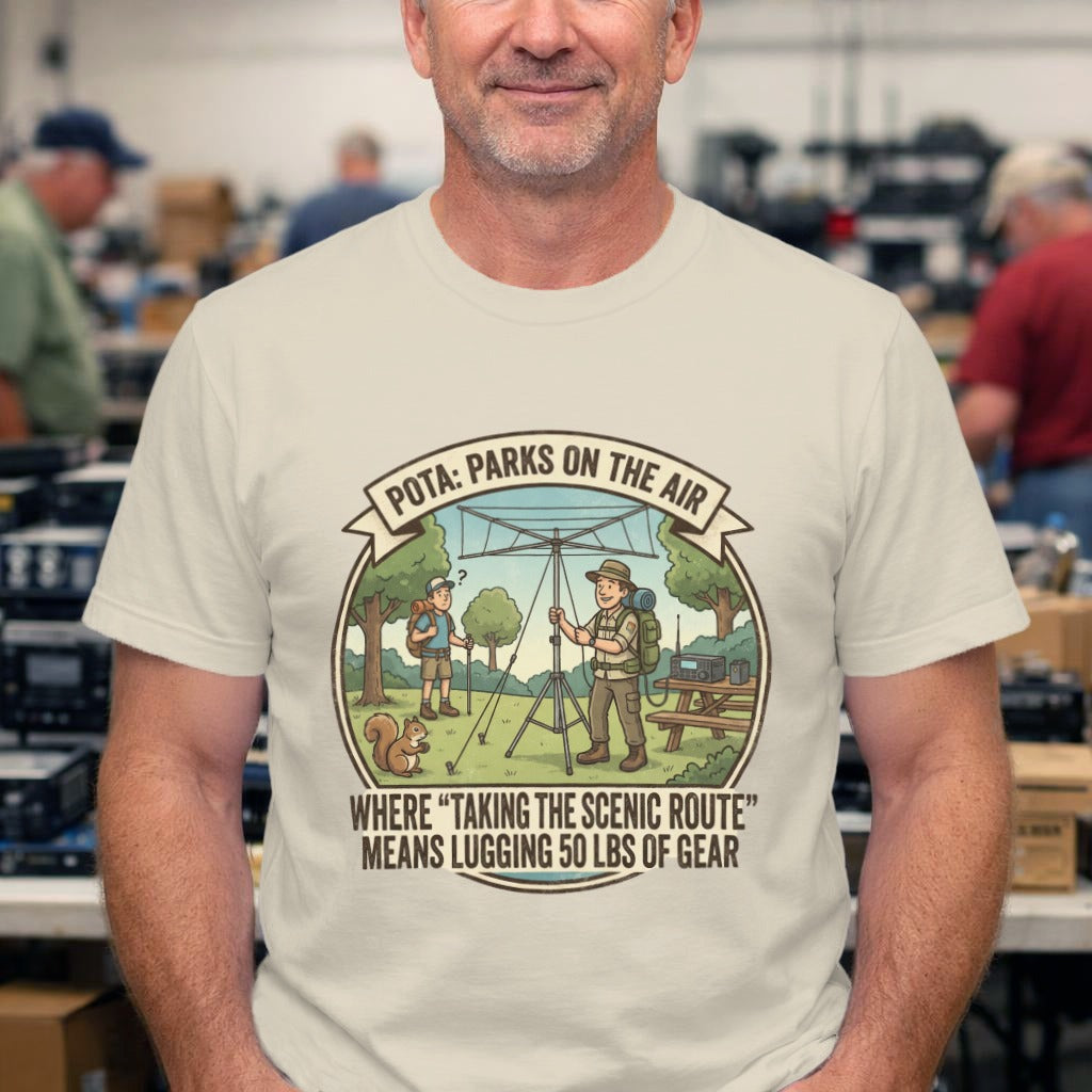 POTA Parks On The Air T-Shirt — “Taking The Scenic Route Means Lugging 50 lbs of Gear” Outdoor Tee