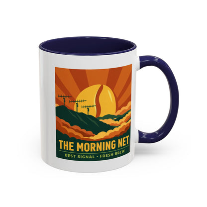 The Morning Net Coffee Mug — Retro Sunrise Radio Antenna Design (11/15 oz)