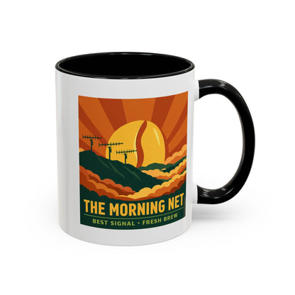 The Morning Net Coffee Mug — Retro Sunrise Radio Antenna Design (11/15 oz)