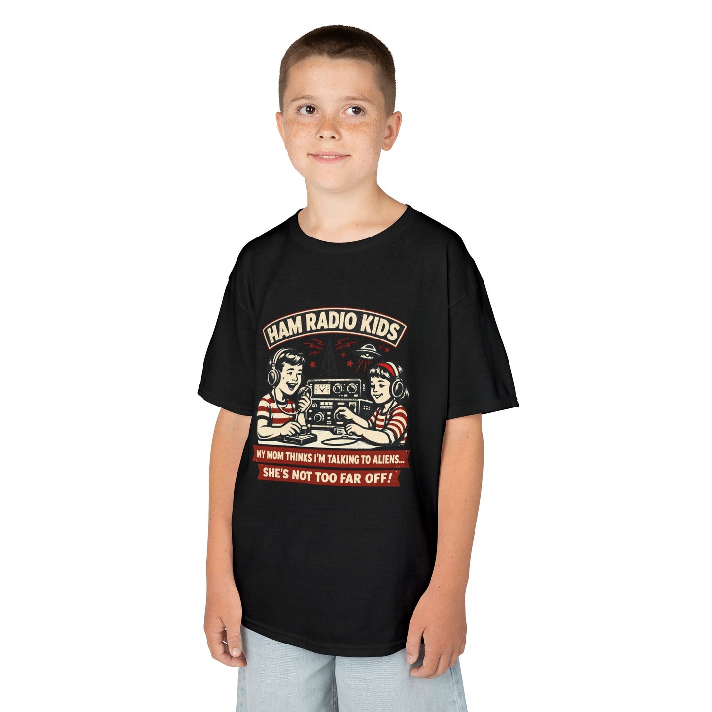 Kids T-Shirt — "Ham Radio Kids: My Mom Thinks I'm Talking To Aliens" Retro Ham Radio Design