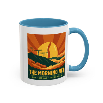The Morning Net Coffee Mug — Retro Sunrise Radio Antenna Design (11/15 oz)