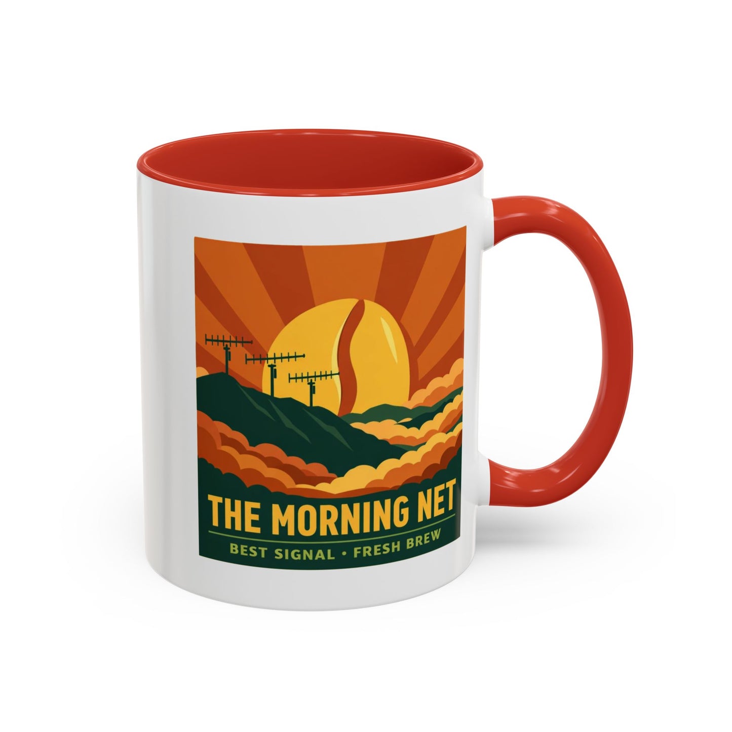 The Morning Net Coffee Mug — Retro Sunrise Radio Antenna Design (11/15 oz)