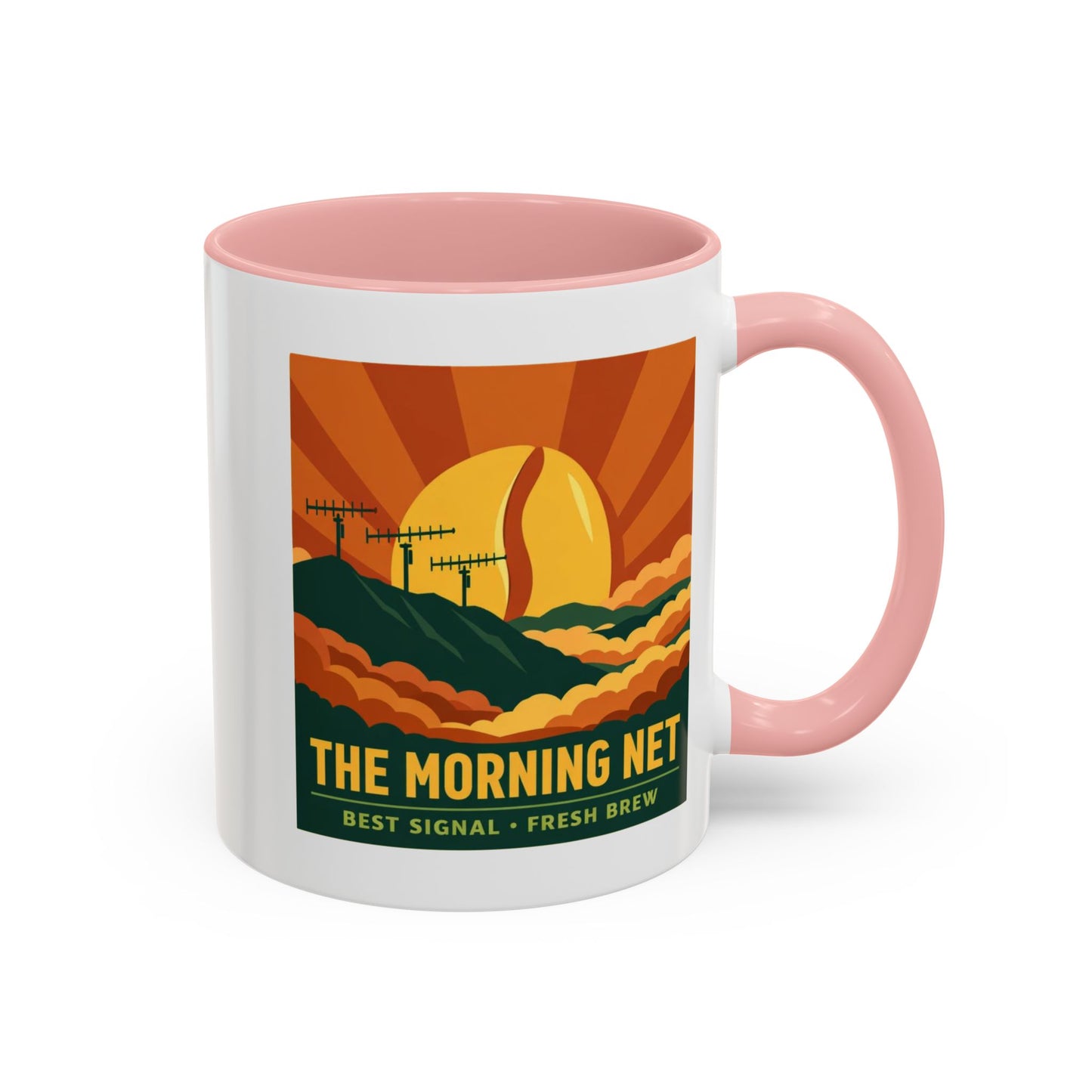 The Morning Net Coffee Mug — Retro Sunrise Radio Antenna Design (11/15 oz)