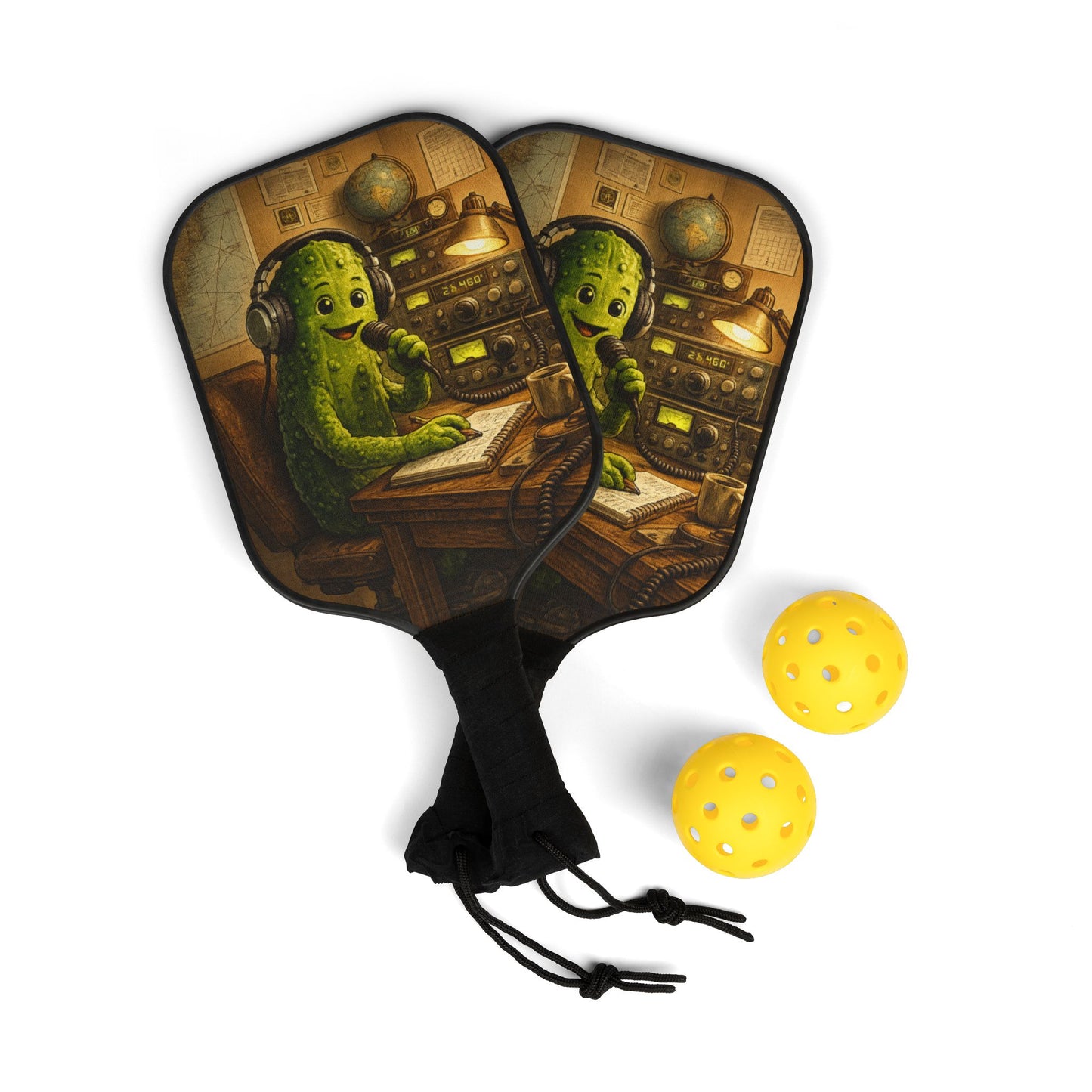 Pickleball Paddle Set – Retro Radio Pickle Character Design with 2 Yellow Balls