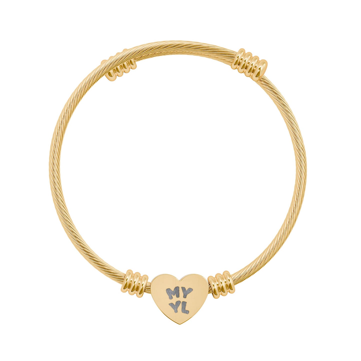 Engraved "MY YL" Heart Cuff Bracelet — Heart Charm Bangle (Silver & Gold)