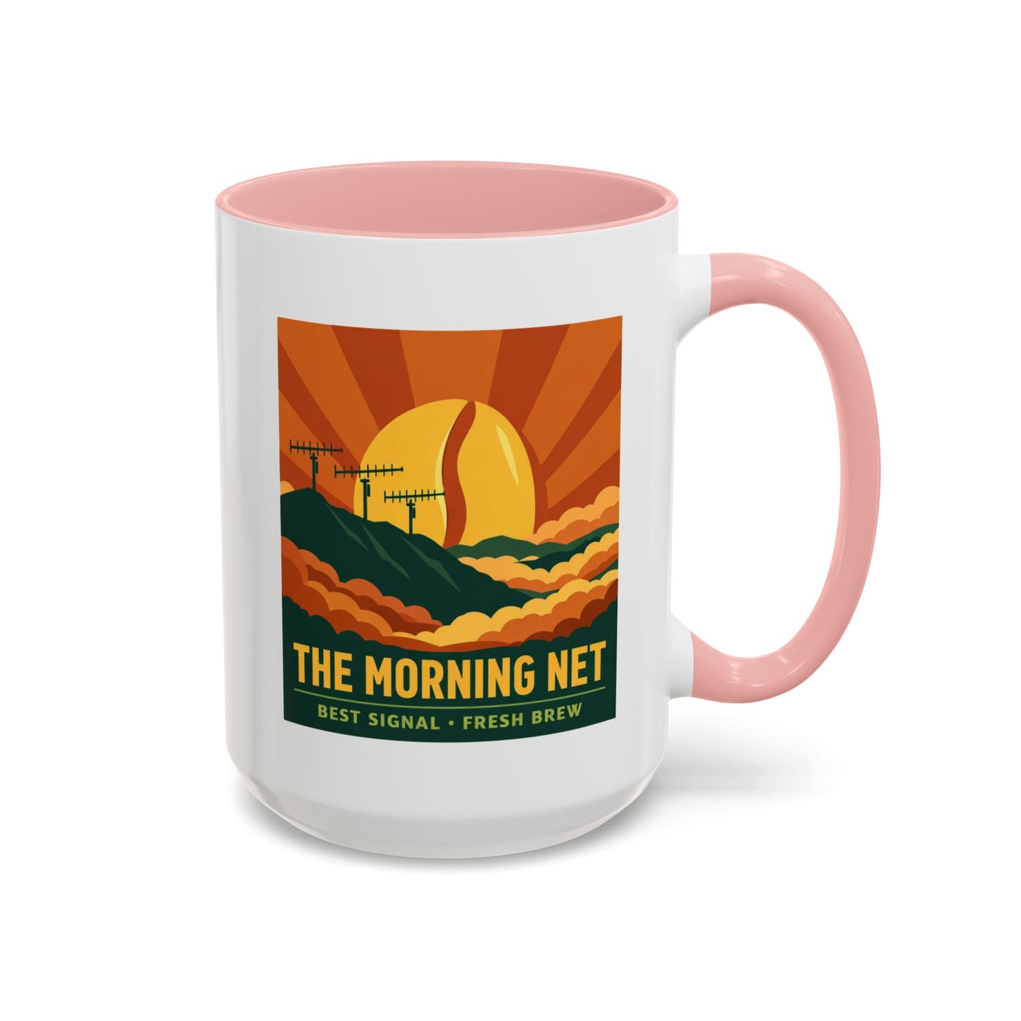 The Morning Net Coffee Mug — Retro Sunrise Radio Antenna Design (11/15 oz)