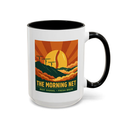 The Morning Net Coffee Mug — Retro Sunrise Radio Antenna Design (11/15 oz)